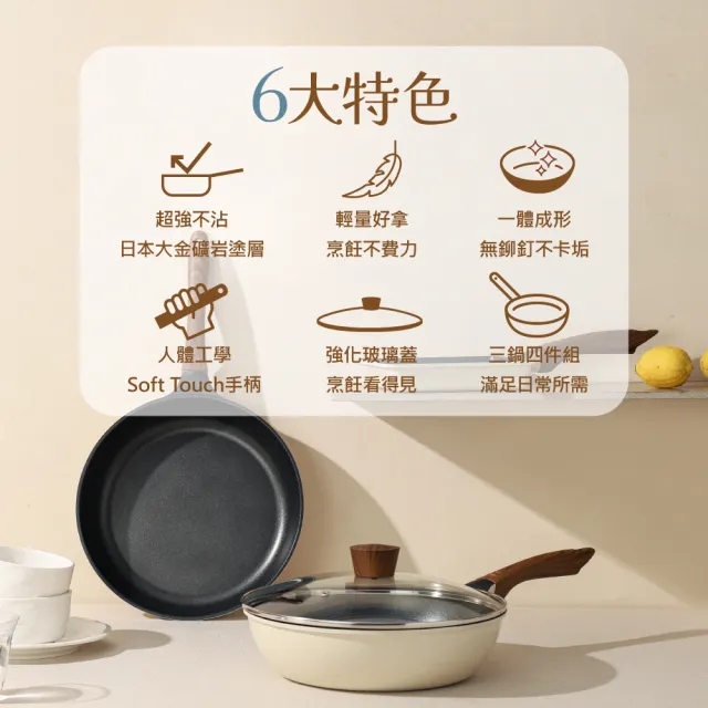 【Queen Chef】韓國Light Plus 鈦合金鑄造不沾鍋三鍋 28CM 4件組(炒鍋+平底鍋+蓋+玉子燒 交換禮物)
