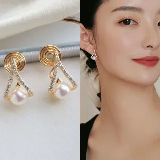 【Emi 艾迷】韓系浪漫回憶倒V珍珠鋯石 耳環 耳夾 無耳洞 夾式耳環 無痛耳夾(耳針款/蚊香盤耳夾)