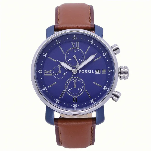 【FOSSIL】FOSSIL 美國最受歡迎頂尖運動時尚三眼計時皮革腕錶-藍+咖啡-BQ2163