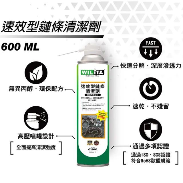 【WILITA 威力特】鏈條清潔4件組_適GOGORO 重機 自行車  檔車(鏈條清潔劑+鏈條油+鏈條刷+纖維布)