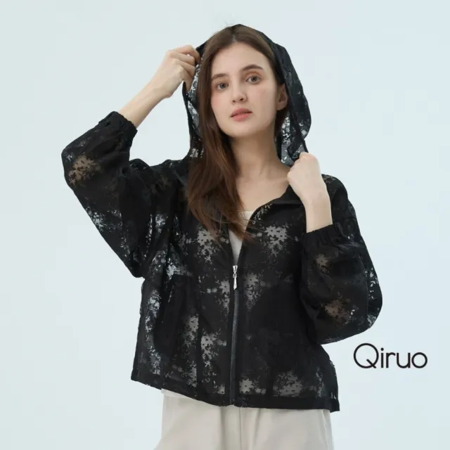 【Qiruo 奇若名品】黑蕾絲布料 拉鍊連帽 束腰外套7055E 