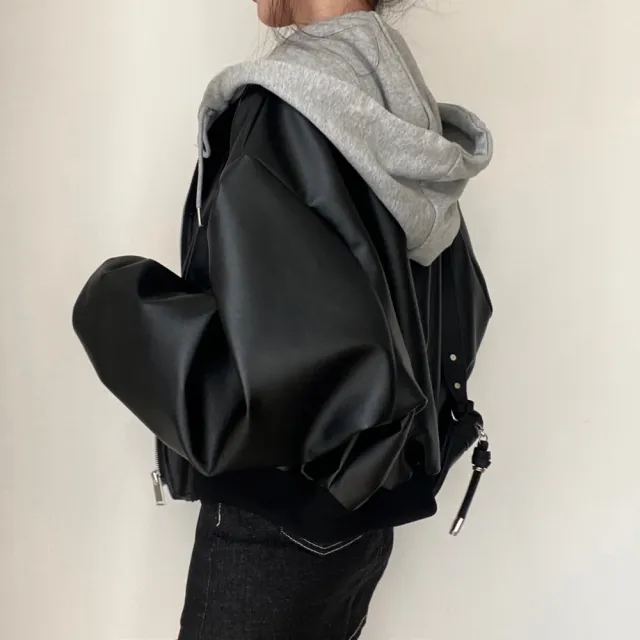 【AS 梨卡】女裝 外套 皮衣 連帽外套 復古皮衣 休閒寬鬆外套 假兩件連帽皮衣 秋冬保暖 WT288