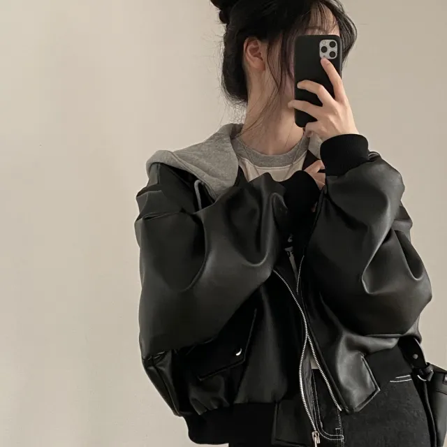 【AS 梨卡】女裝 外套 皮衣 連帽外套 復古皮衣 休閒寬鬆外套 假兩件連帽皮衣 秋冬保暖 WT288