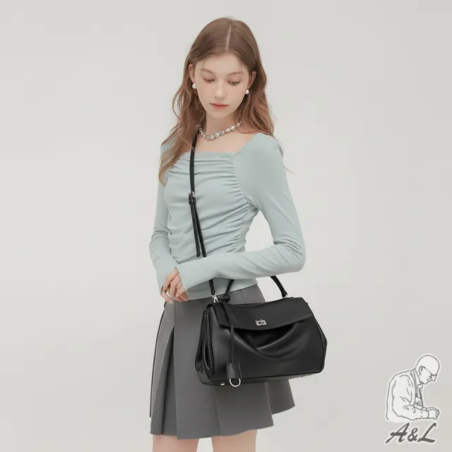 【A&L 老工匠】雙11 真皮時尚個性凱莉鎖釦托特包斜背包-35CM(真皮包包 經典黑)