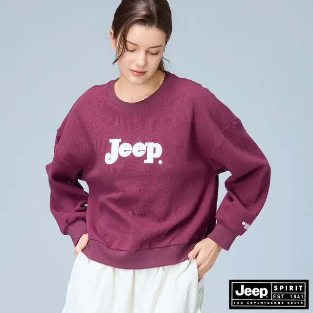 【JEEP】女裝 華夫格短版長袖大學T(紅色)