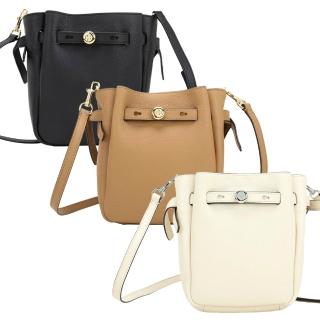 【TORY BURCH】Romy 鈕扣金屬標誌荔紋牛皮扣帶肩 斜背水桶包-小款 多色可選