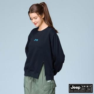 【JEEP】女裝 跳色LOGO長袖開衩大學T(黑色)