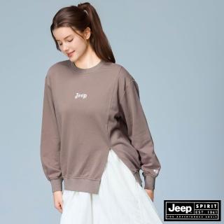 【JEEP】女裝 跳色LOGO長袖開衩大學T(咖啡色)