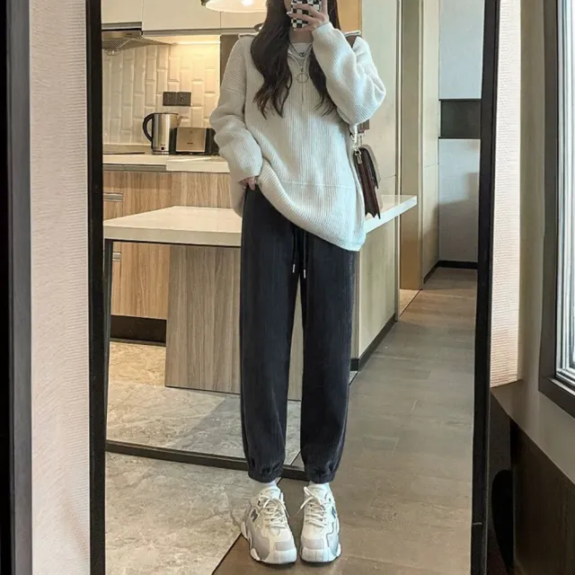 【D.studio】韓版內刷毛加厚運動寬鬆高腰寬褲 長褲 休閒褲 女裝 高腰褲 直筒褲 黑褲 發熱褲 保暖褲P302