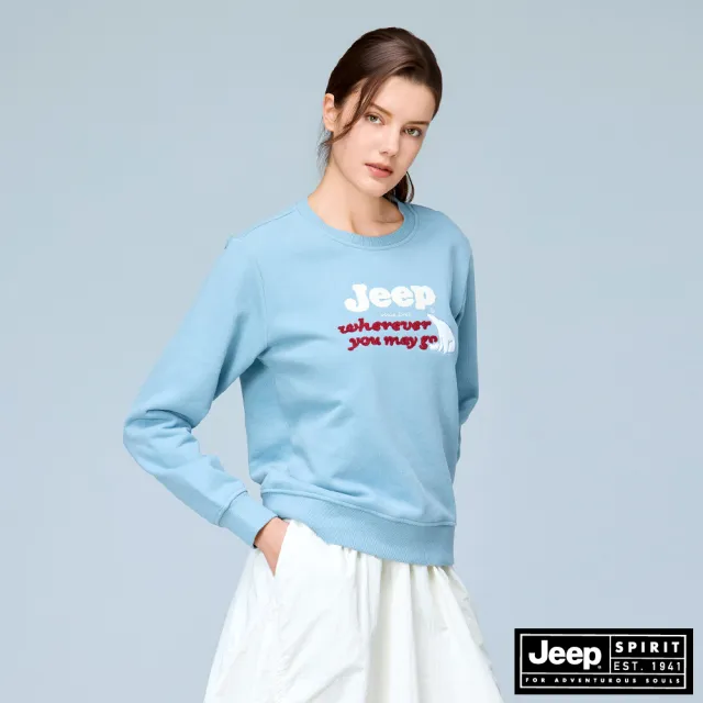 【JEEP】JEEP 女裝 北極熊毛巾繡長袖刷毛大學T(藍色)