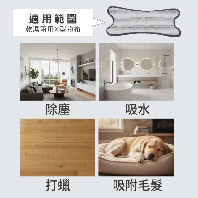 【百鈴】易秒擰免沾手X型加大平板拖把-乾濕兩用X型拖布-6片(需搭配易秒擰免沾手X型加大平板拖把)