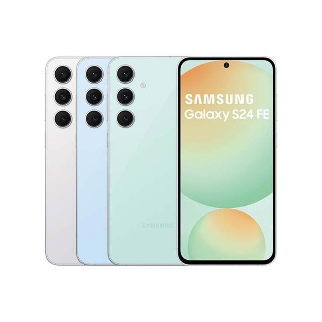 SAMSUNG三星 Galaxy S24 FE 搭載6.7吋 AMOLED FHD+螢幕，解析度1080 x 2340，提供出色視覺體驗。十核心 Samsung Exynos 2400e處理器（最高3.1GHz），配8GB RAM與256GB儲存空間，流暢執行Android系統。後置5000萬+1200萬+800萬三鏡頭，前置1000萬自拍鏡頭，支援5G NR Sub-6與多頻段4G LTE。IP68防水防塵，4700mAh大容量電池，藍芽與視訊功能齊全。尺寸162 x 77.3 x 8mm，重量213g，nano SIM雙卡雙待，NCC認證CCAH245G0150T7。顏色選項：夢境藍、微醺灰、迷漾綠。旗艦效能，輕鬆掌握未來科技！