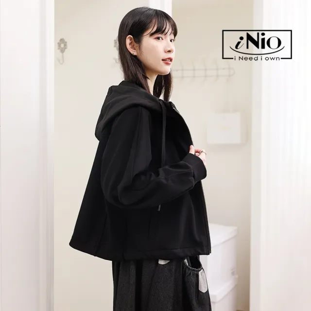 【iNio 衣著美學】保暖舒適抽繩連帽長袖外套 內刷毛 翻領連帽 落肩縮口袖 長袖外套 CEW4845
