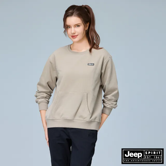 【JEEP】女裝 袋鼠貼口袋長袖大學T(卡其色)