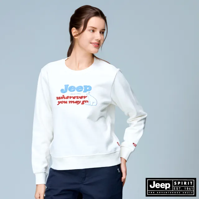 【JEEP】女裝 北極熊毛巾繡長袖刷毛大學T(白色)