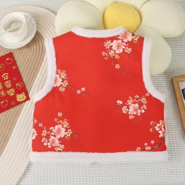 【橘魔法】中國風花卉加絨背心 女童 兒童 童裝 加厚 馬甲 唐裝 旗袍背心 拜年服 新年 過年 大紅 保暖