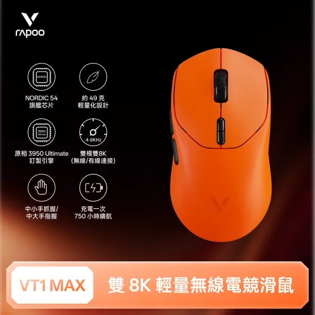 【rapoo 雷柏】VT1 MAX 輕量雙模雙8K人體工學電競滑鼠