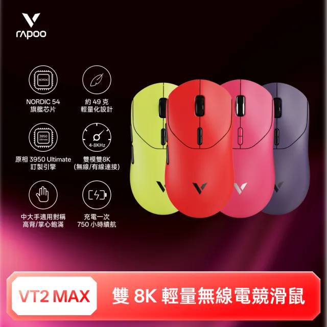 【rapoo 雷柏】VT2 MAX 輕量雙模雙8K人體工學電競滑鼠