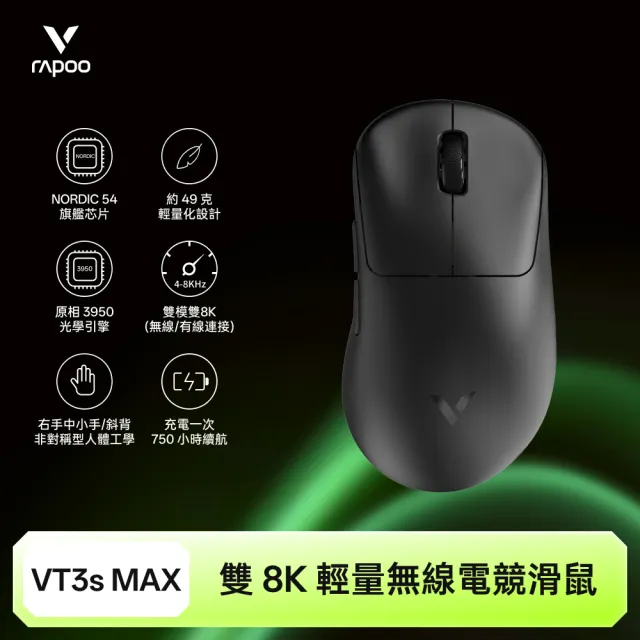 【rapoo 雷柏】VT3S MAX 輕量雙模雙8K人體工學電競滑鼠