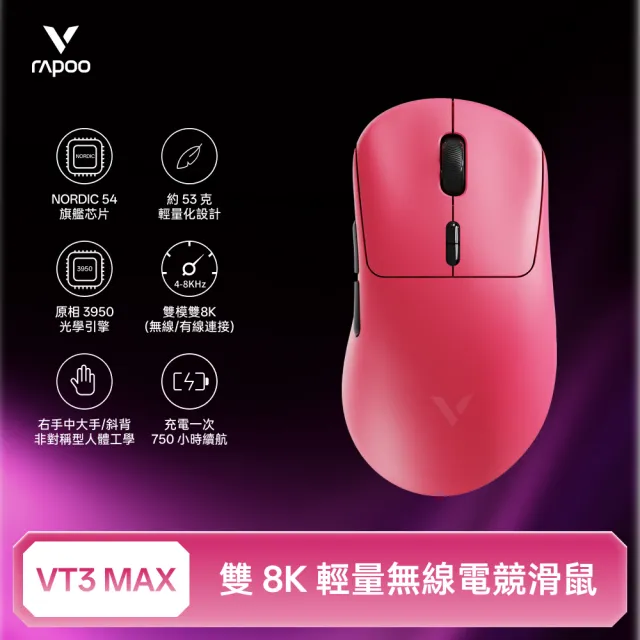 【rapoo 雷柏】VT3 MAX 輕量雙模雙8K人體工學電競滑鼠