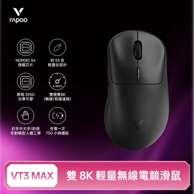 【rapoo 雷柏】VT3 MAX 輕量雙模雙8K人體工學電競滑鼠