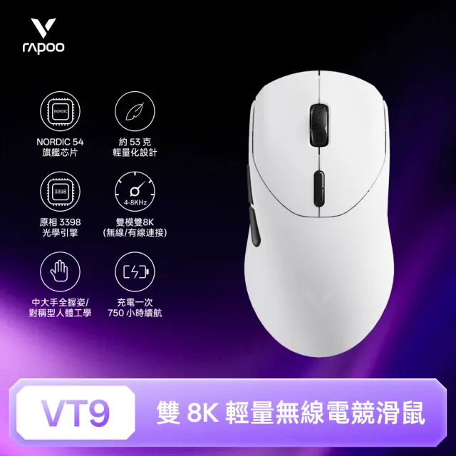 【rapoo 雷柏】VT9 輕量雙模雙8K人體工學電競滑鼠