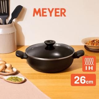 【MEYER 美亞】全黑陽極陶瓷 萬用鍋26cm 含鍋蓋 不沾鍋 鎧甲系列(IH/電磁爐適用/一鍋多用)