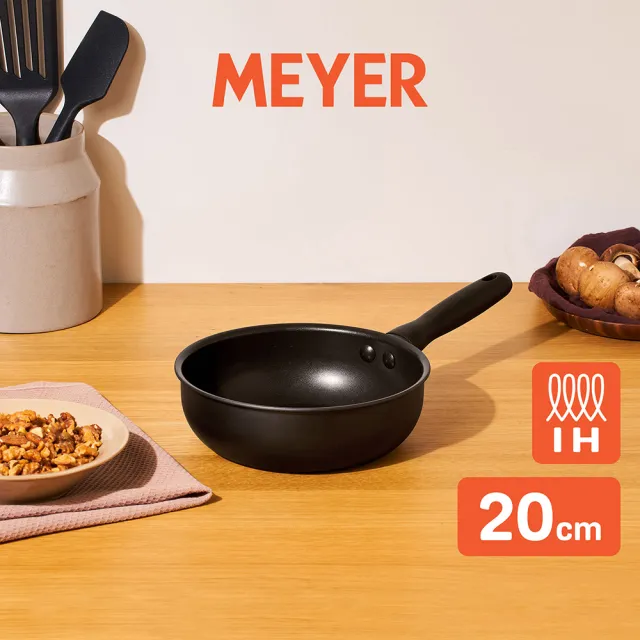 【MEYER 美亞】全黑陽極陶瓷 小炒鍋20cm 不沾鍋 鎧甲系列(IH/電磁爐適用)