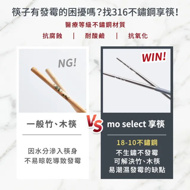 【mo select】買一送一-享筷台灣製316不鏽鋼防滑六角筷-5雙x2組(筷子/匙筷/抗菌/餐具/抗菌餐具/316不鏽鋼)