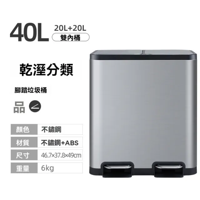 【HUIJIAYIGOU 惠家易購】幹濕分離垃圾桶 廚房分類垃圾桶 不鏽鋼垃圾桶 雙蓋衛生桶 腳踏垃圾桶 20L+20L