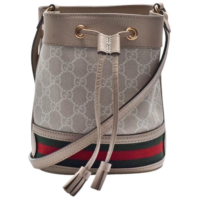 【GUCCI 古馳】經典Ophidia帆布印花綠紅綠織帶皮革飾邊束口水桶包(迷你-燕麥色)