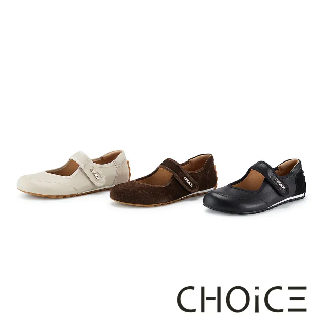 【CHOiCE】牛皮拼接牛反絨魔鬼氈瑪莉珍休閒鞋 黑色