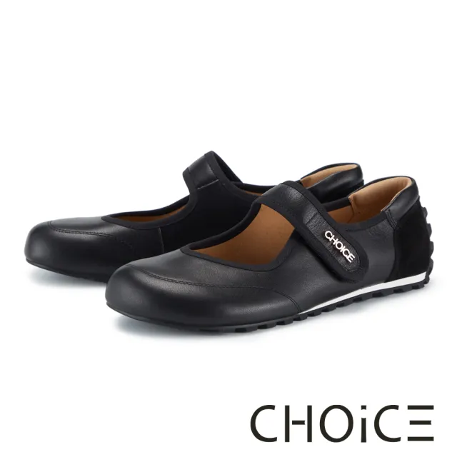 【CHOiCE】牛皮拼接牛反絨魔鬼氈瑪莉珍休閒鞋 黑色