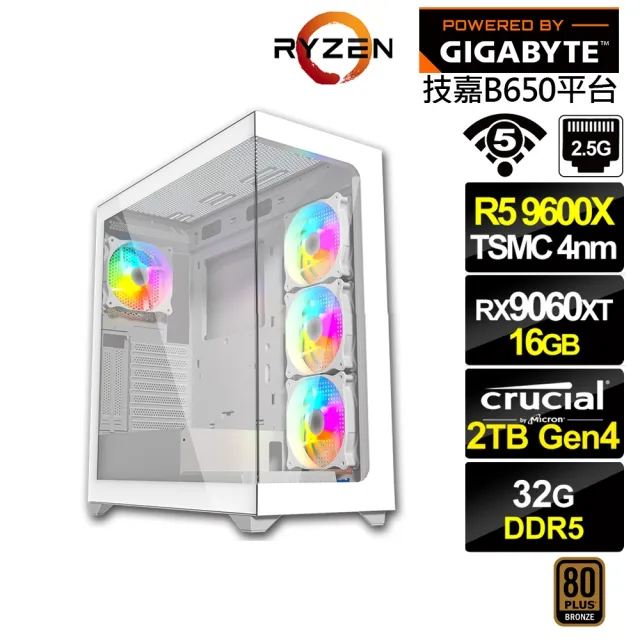 【技嘉平台】R5六核RX 9060 XT{BHCM61L78}電競電腦(R5 9600X/B650/32G D5/2TB/WIFI)