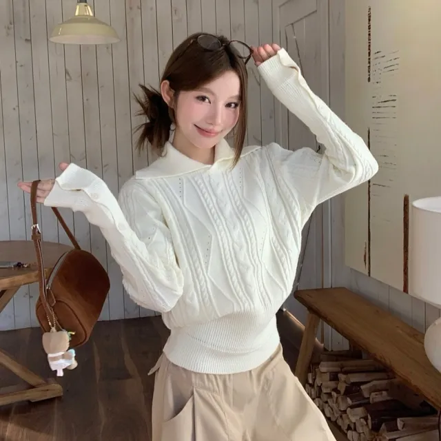 【AS 梨卡】女裝 毛衣 針織 上衣 翻領毛衣 麻花毛衣 秋冬毛衣 圓領針織 顯瘦針織 ES043
