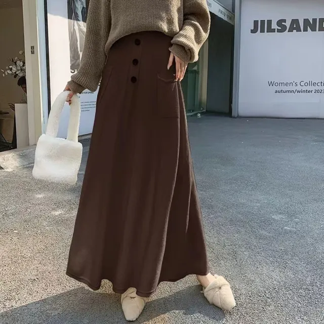 【AS 梨卡】女裝 長裙 a字裙 半身裙 針織長裙 寬鬆半身裙 顯瘦長裙 氣質毛線裙 大擺裙ES118