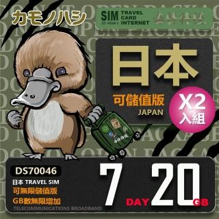 【鴨嘴獸 旅遊網絡卡】雙人優惠 Travel Sim 日本 網絡卡 7天 20GB 2入組(漫遊卡 日本上網 日本網絡卡)