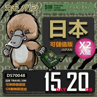 【鴨嘴獸 旅遊網絡卡】雙人優惠 Travel Sim 日本 網絡卡 15天 20GB 2入組(漫遊卡 日本上網 日本網絡卡)