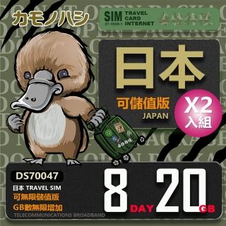 【鴨嘴獸 旅遊網絡卡】雙人優惠 Travel Sim 日本 網絡卡 8天 20GB 2入組(漫遊卡 日本上網 日本網絡卡)