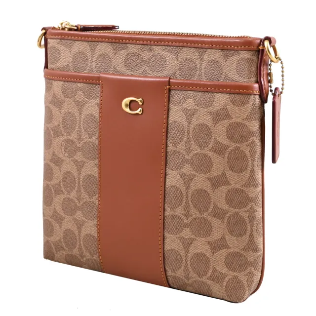 【COACH】Kitt 經典C字LOGO條紋印花方包斜背包(駝/紅棕)