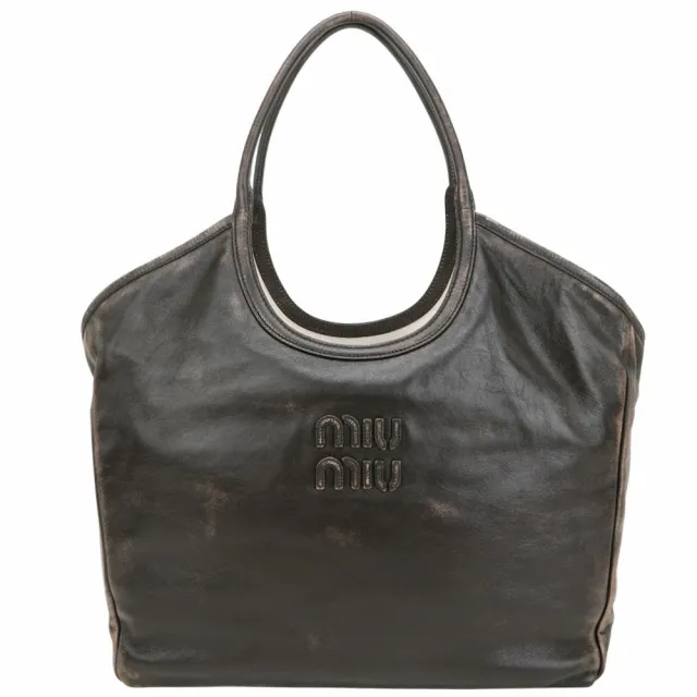 【MIU MIU】IVY 大型 字母復古納帕羊皮肩背托特包-咖啡棕