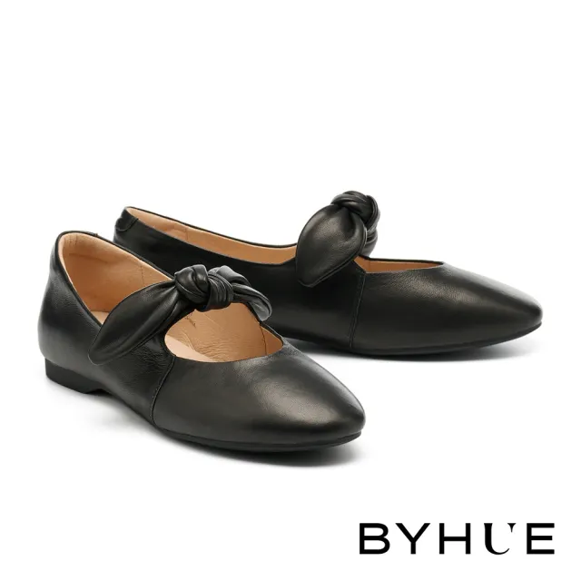 【BYHUE】奶油純欲風蝴蝶扭結全真皮軟芯Q底內增高平底鞋(黑)