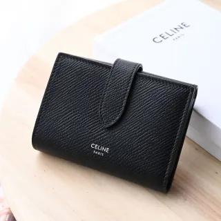 【CELINE】Fine Strap 簡約燙銀LOGO粒面小牛皮扣式三折短夾(黑)