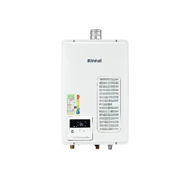 Rinnai 林內 REU-V1613WFA 瓦斯熱水器，採用日本原裝進口，FE強制排氣式設計，配備數位恆溫控溫功能及電子式連續點火，提供穩定16L熱水輸出。適用天然氣及桶裝瓦斯，能源效率第二級，尺寸350×538×170mm，保固1年，BSMI認證R41095，適閤家庭使用，提升熱水舒適度。