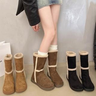 【baibeauty 白鳥麗子】中筒雪靴．雜誌款麂皮素面內刷毛拚色厚底靴