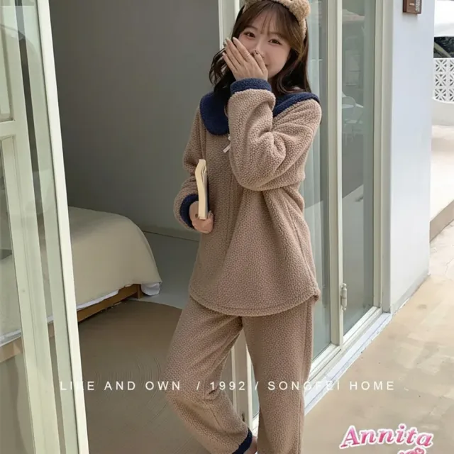 【Annita】日系女孩 法蘭絨珊瑚絨兩件式居家服女睡衣(兩件式套裝/連身睡衣/保暖居家服/長袖/中大尺碼)