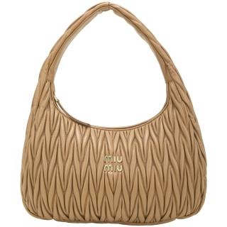 【MIU MIU】Wander Matelasse 35CM大款 皺褶納帕皮革肩背半月包-駝色