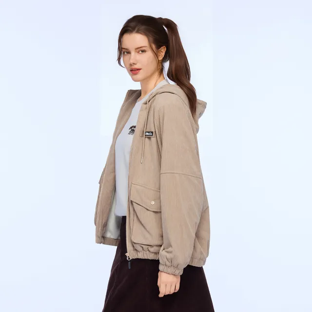 【JEEP】女裝 燈心絨刷毛連帽外套-卡其色