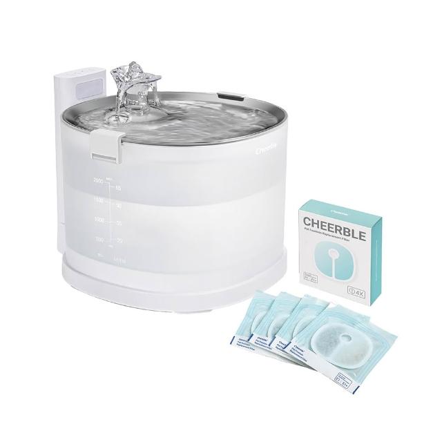 【Cheerble】七布無泵無線寵物飲水機2L+濾芯4片/盒(優惠組 磁力供水 無二次汙染 貓咪飲水機)