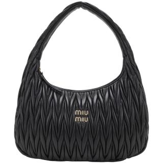 【MIU MIU】Wander Matelasse 35CM大款 皺褶納帕皮革肩背半月包-黑色